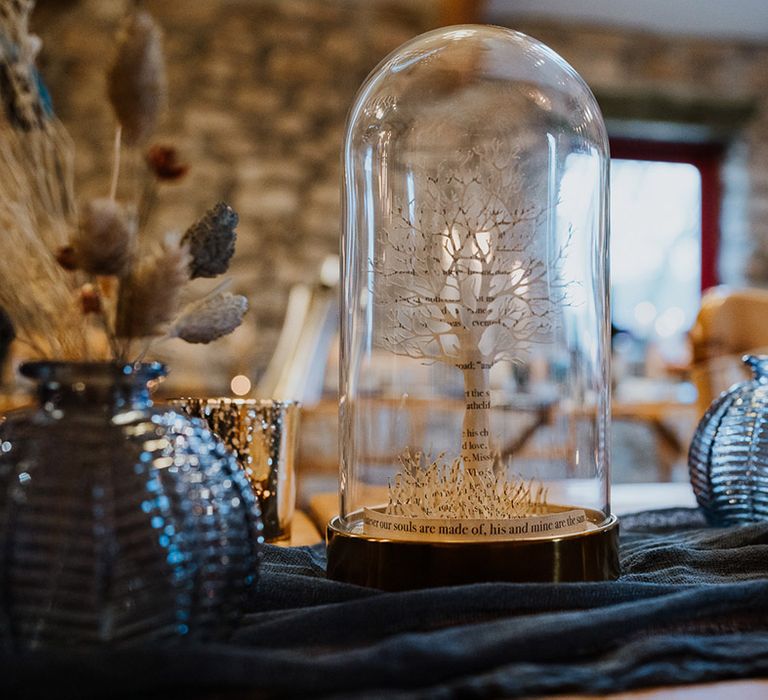 DIY paper tree wedding table decoration in glass dome with quotation from Wuthering Heights 