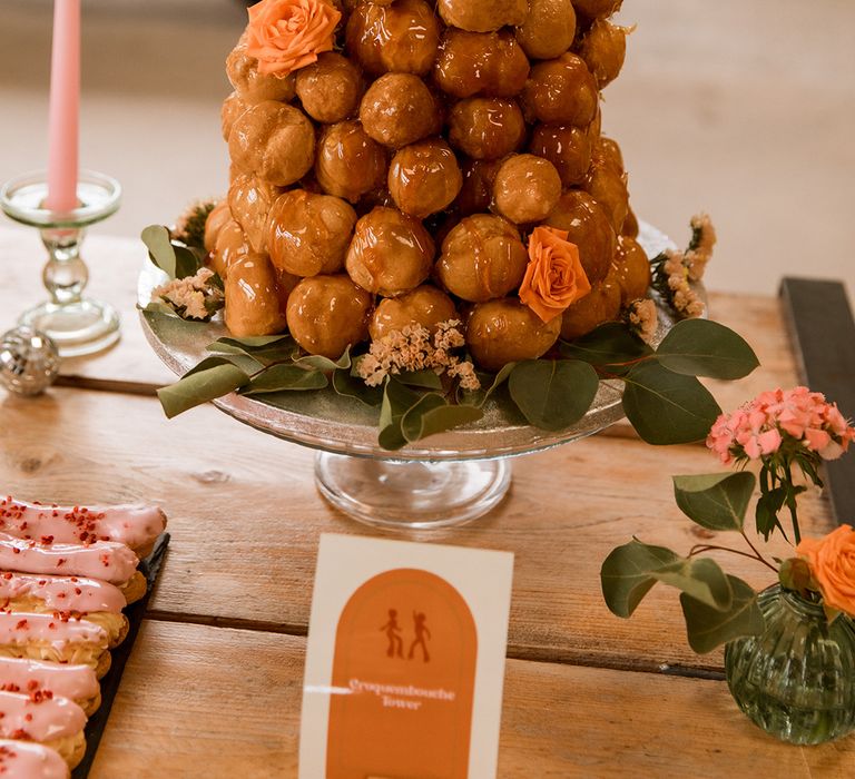 Croquembouche tower for wedding dessert table 