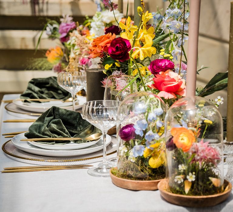 Bright and colourful wedding flower arrangements for table decorations 