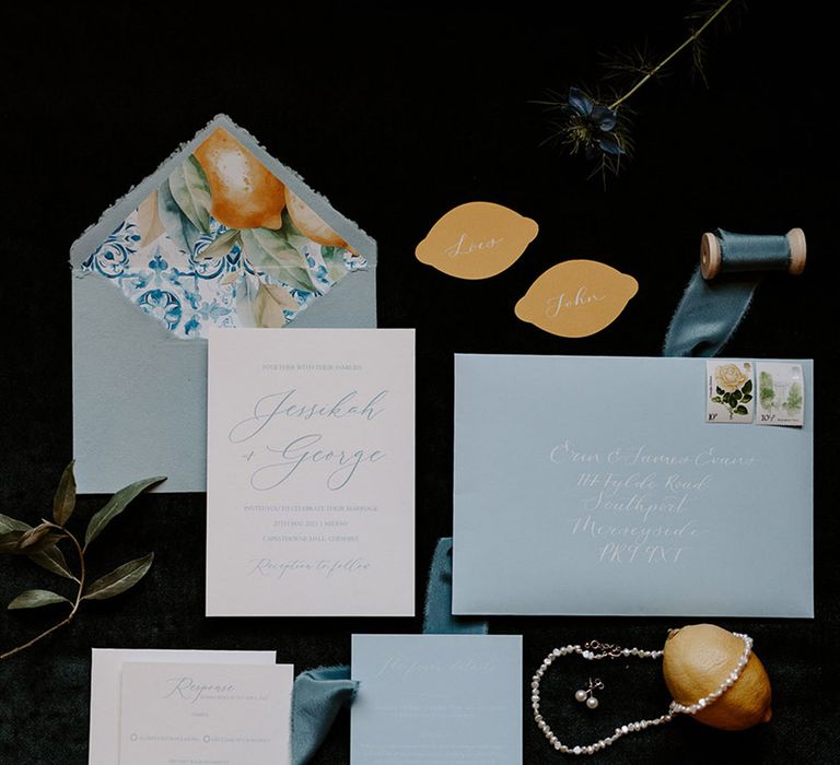 Classic pastel blue and white wedding stationery with lemons for contemporary outdoor wedding 