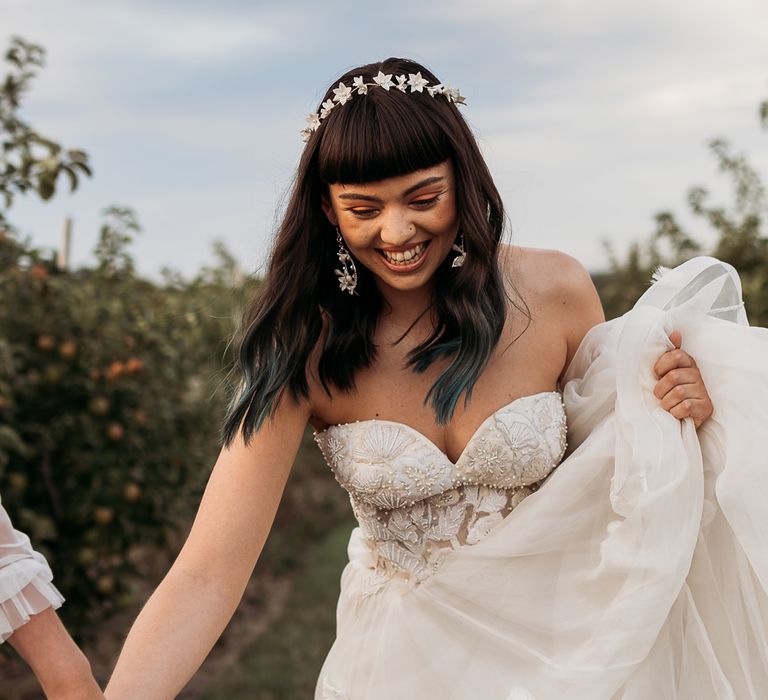 Bride with fringe and strapless wedding dress