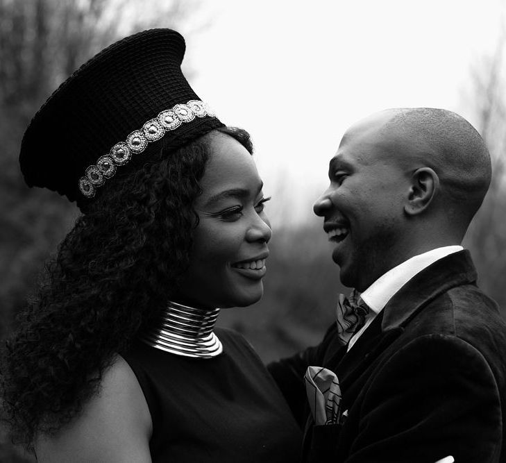 Black and white portrait of the bride and groom at their Lobola wedding 