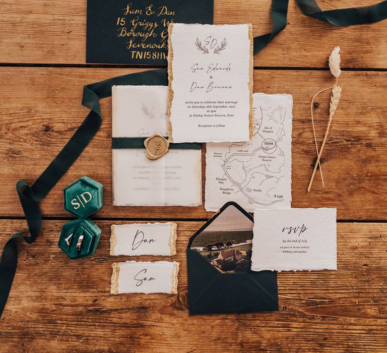 Handmade quirky wedding invitations in dark forest green