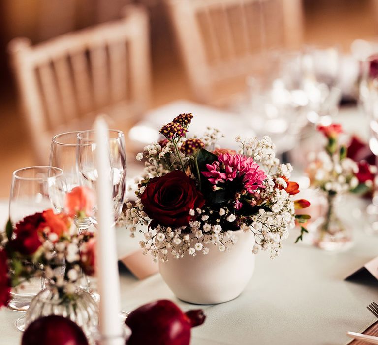 Small wedding flower pot centrepiece with gypsophila and mixed pink florals 