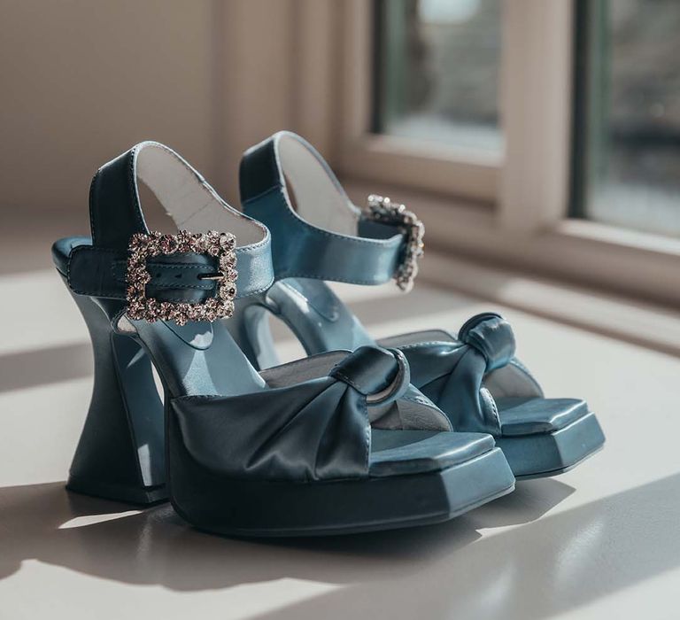 Jeffrey Campbell blue wedding shoes with diamanté buckle and block heel 