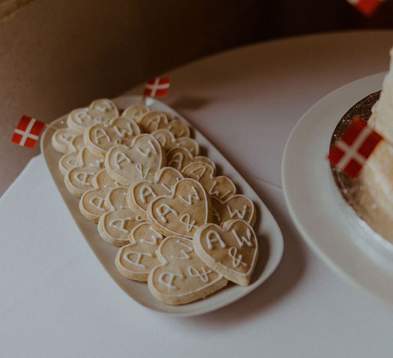 Personalised heart shaped cookies with icing with mini flags of Denmark 