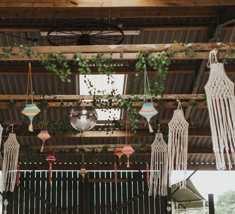 DIY lanterns and macrame with a disco ball decoration 