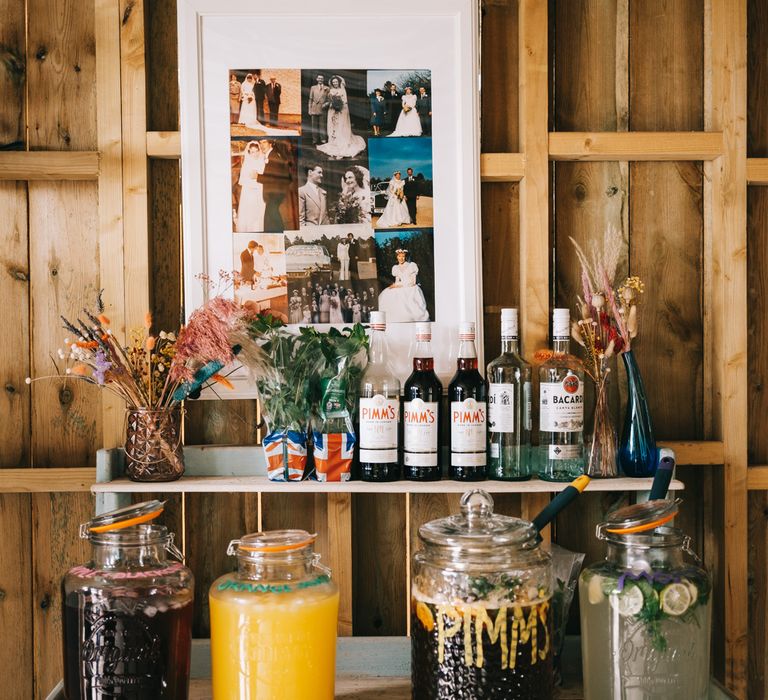 DIY 'help yourself' bar shed with jars filled with alcohol 