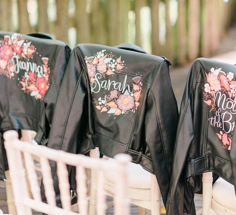 Personalised leather jackets with floral illustrations and names