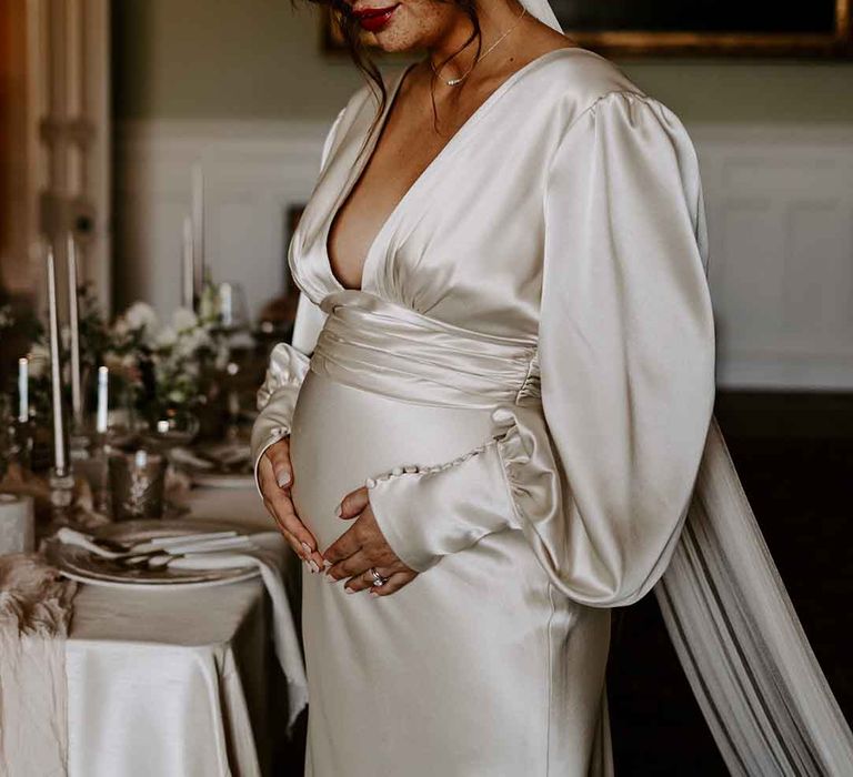 satin maternity wedding dress for pregnant bride 