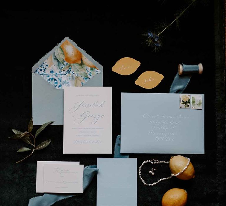 blue, white and lemon wedding stationery suite 