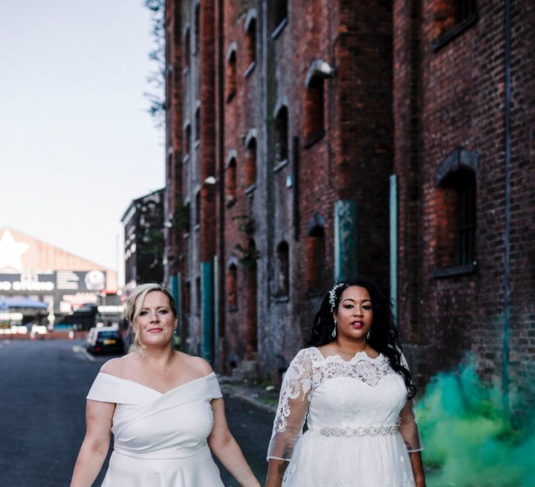 Lace short wedding dress and green smoke canon for Liverpool lesbian wedding