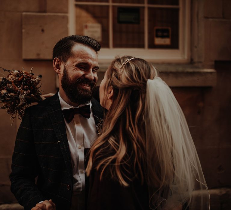 Bride and groom at city elopement in Bristol