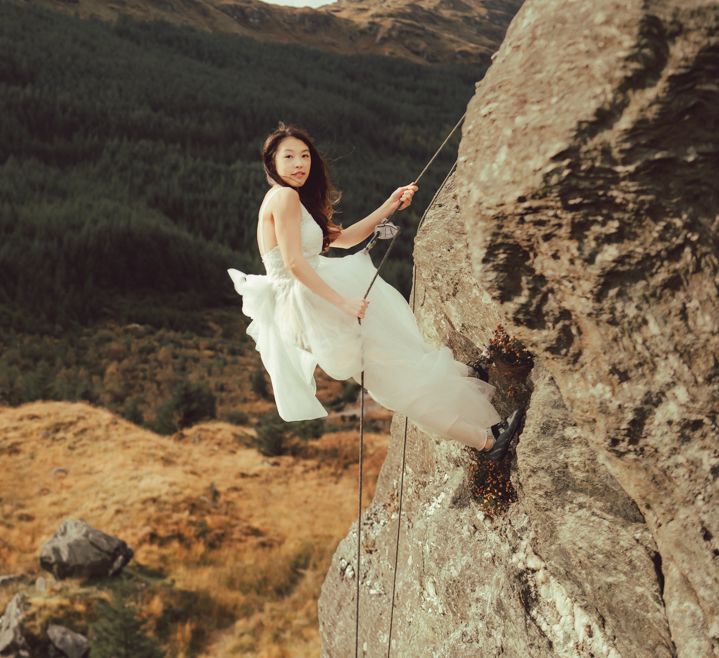 The countryside of Scotland during rock climbing engagement session