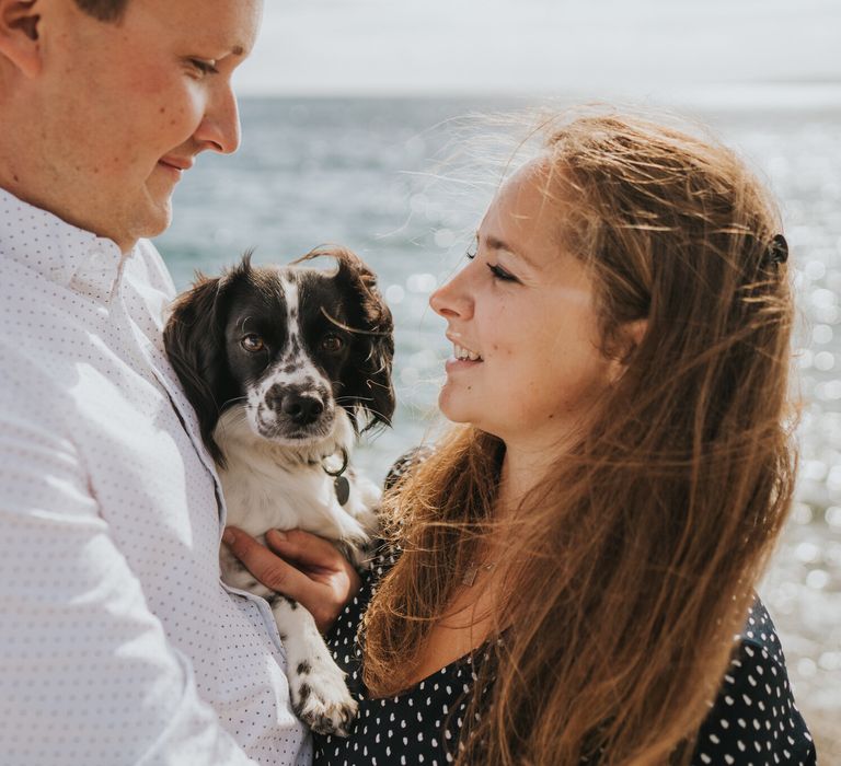 Coastal beach pre wedding photography with dog in Dorset