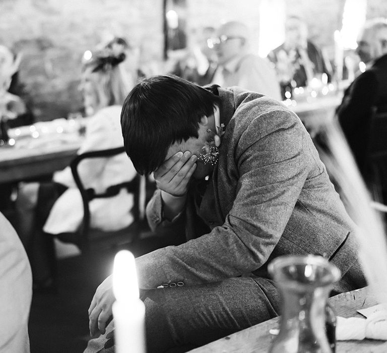 Wedding guest becomes emotional during speeches at barn reception