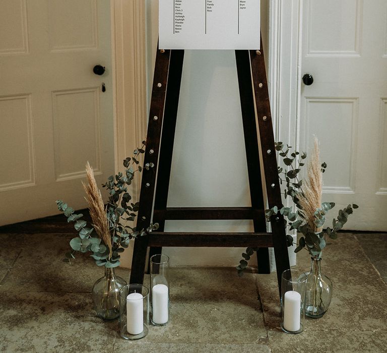 Black and white minimal wedding seating chart for wedding at Aswarby Rectory 