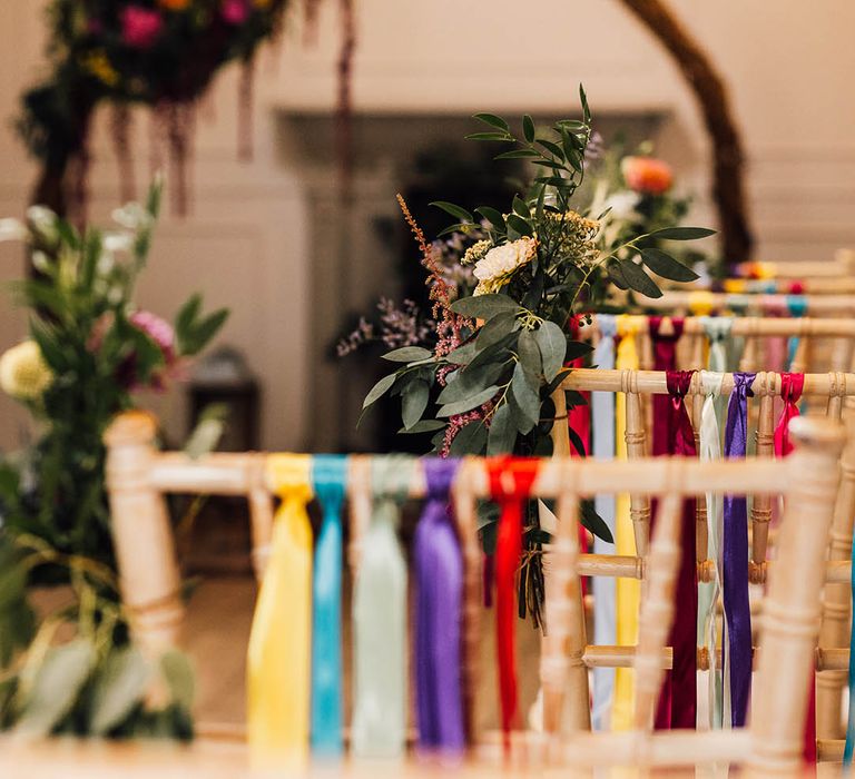 Colourful ribbon chair back decor for LGBTQIA+ wedding 