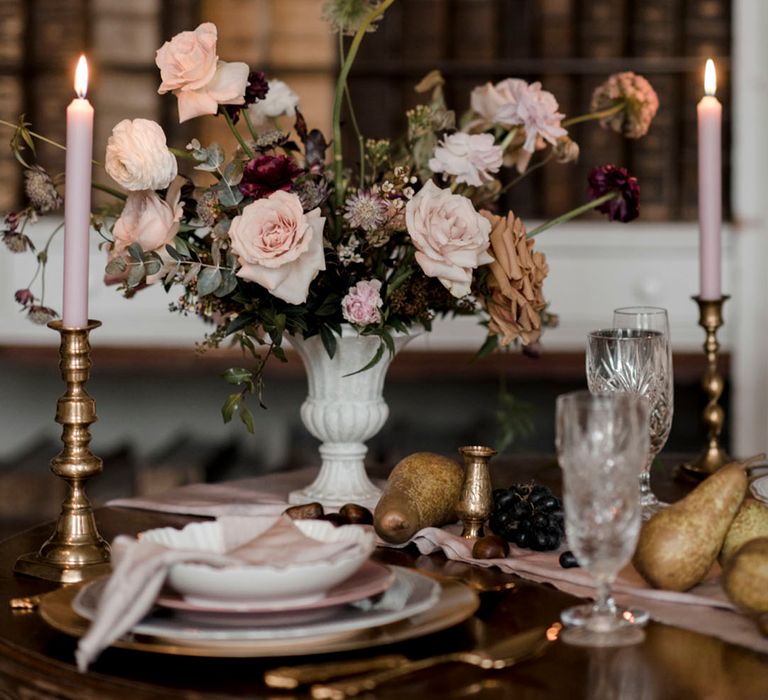 Blush pink rose flowers with other neutral flowers in white vase for table centrepiece 