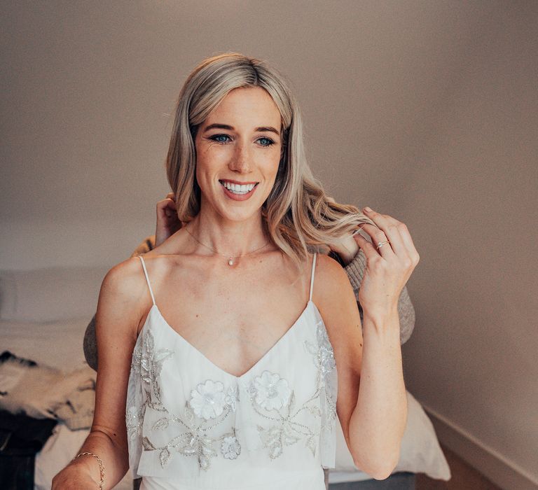 Blonde bride on the morning of her wedding 