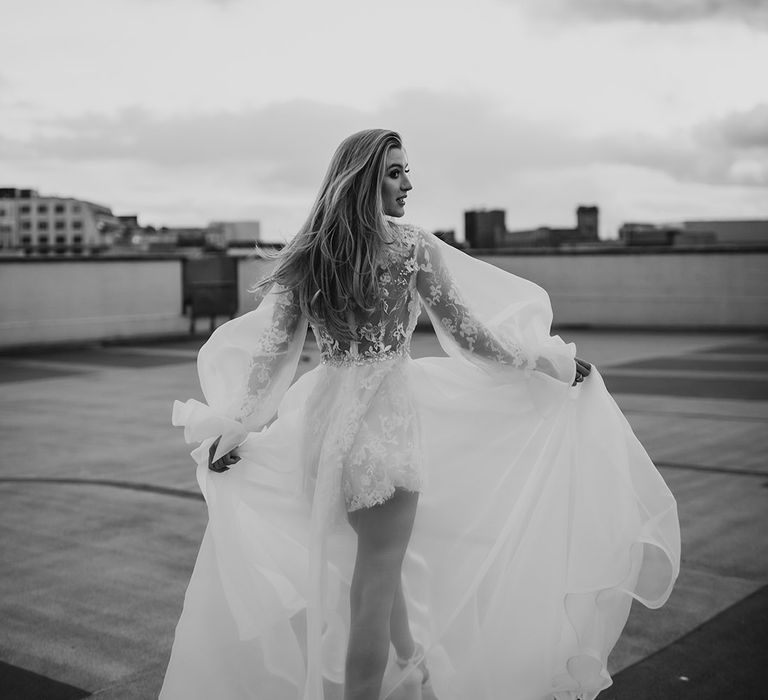 Stylish Liverpool elopement with bride in a Daniel Chu wedding dress with sheer layer 