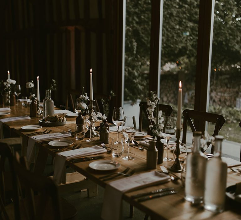 Traditional black and white minimal wedding tablescape 