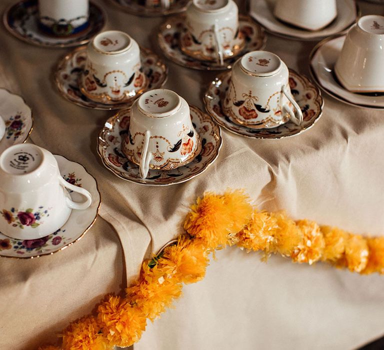 English Tea sets for multicultural wedding at Longbourn Estate Barn