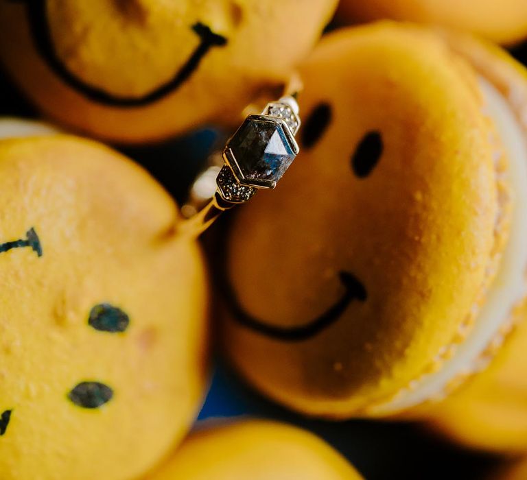 Yellow smiley face wedding accessories and black, gold and diamond wedding ring 