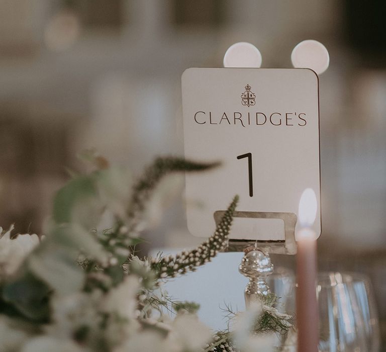 Claridge's wedding table number sign for the wedding breakfast 