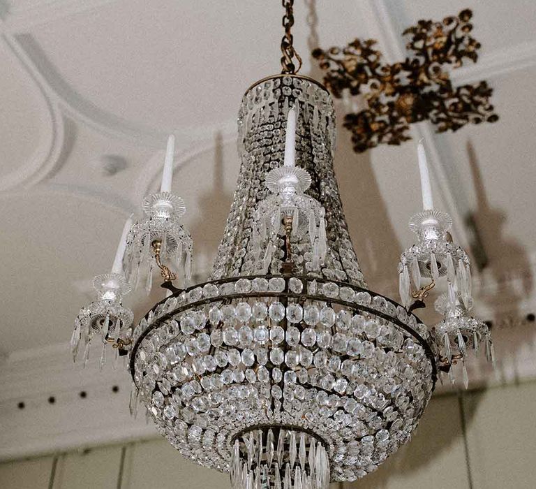 Luxury chandelier wedding venue decor at Capesthorne Hall