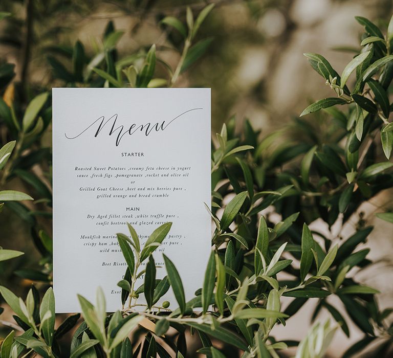 white menu card with calligraphy front in an olive tree