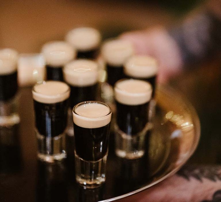 Baby Guinness shots on tray for guests 