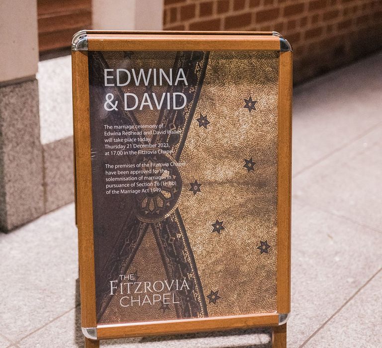 Wedding welcome sign at Fitzrovia Chapel wedding 