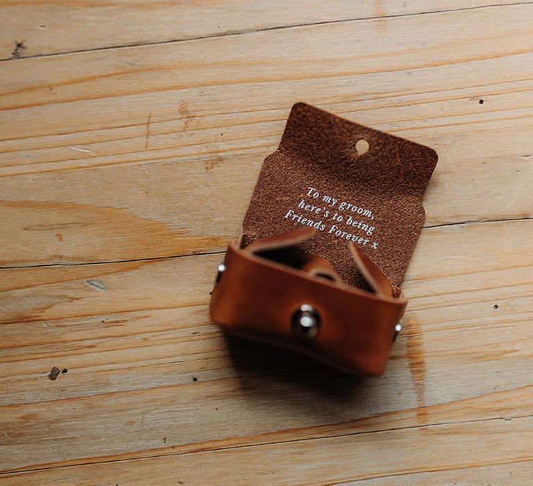 Brown leather personalised groom gift for the wedding rings 