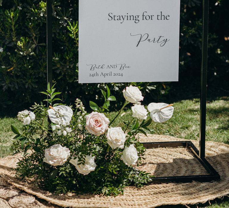 Black and white minimalist wedding welcome signage for monochrome wedding theme 