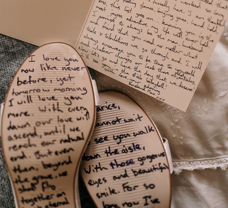 Handwritten poem from groom at the bottom of shoe and card