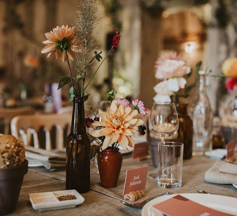 Rustic table setting complete with florals on wedding day