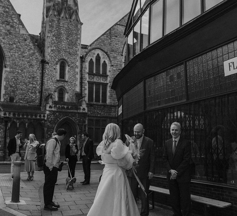 Black and white portrait of bride and groom at Modern, Stylish, London wedding 