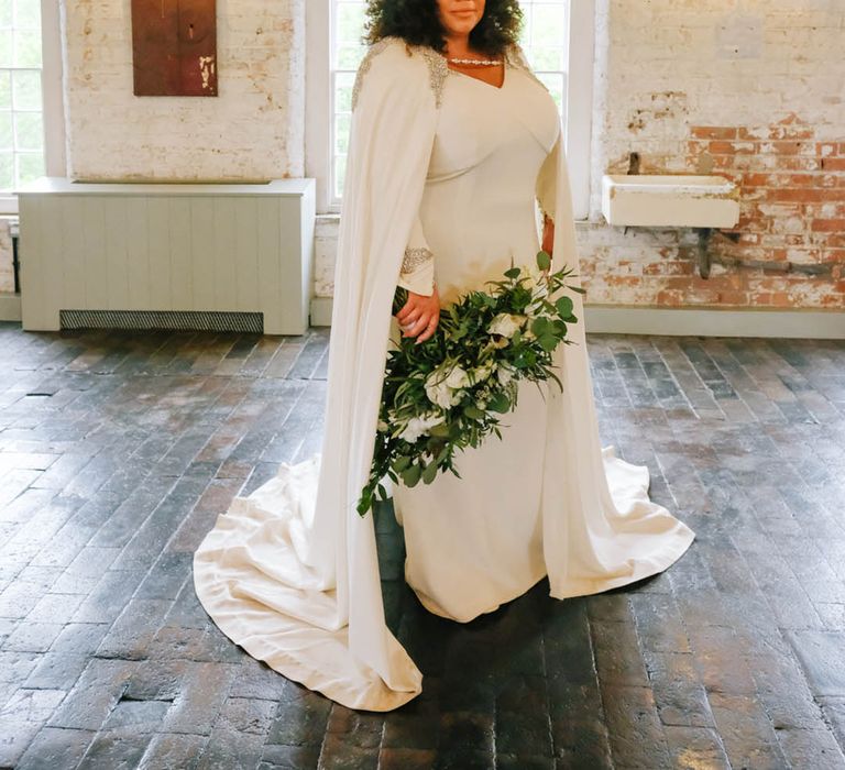 Plain white bridal cape with jewelled detail worn by bride for West Mill wedding 