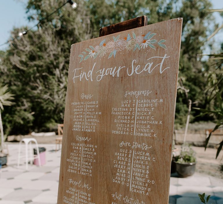 Wooden wedding seating chart with colourful flower motif design for marquee reception 