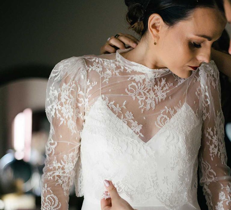 slip wedding dress with lace overlay with long sleeves