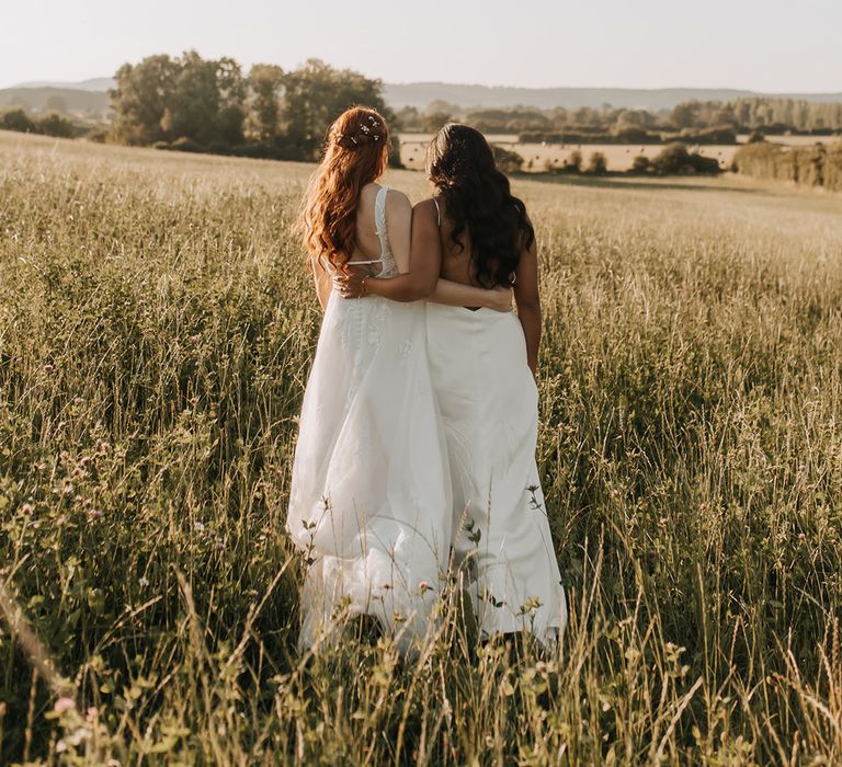 Golden hour at Lyde Court with two brides at same sex wedding 