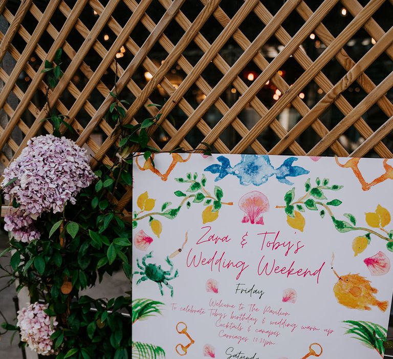 Bright and colourful watercolour style wedding welcome signage 