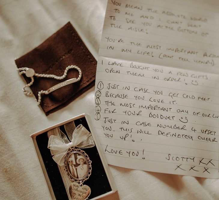 Hand written note with wedding keepsakes for the morning of Lake district wedding