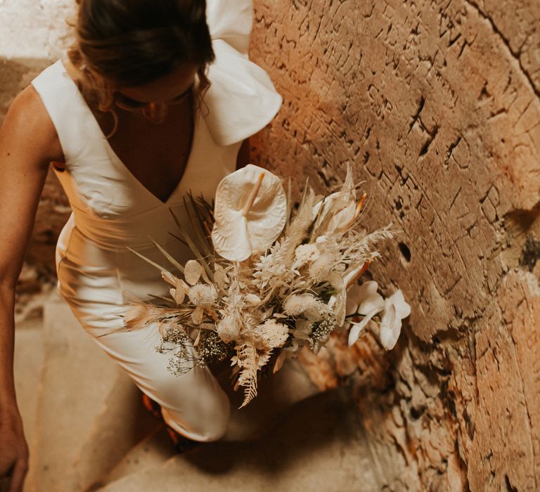 neutral dried flowers wedding bouquet for micro wedding 