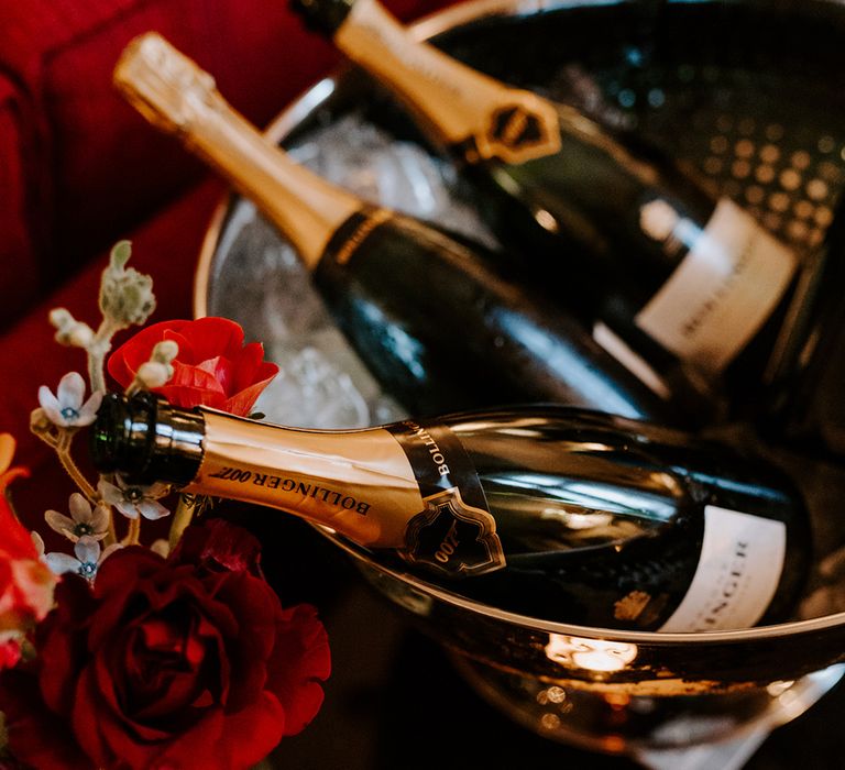 Close up of Bollinger bottles at wedding reception