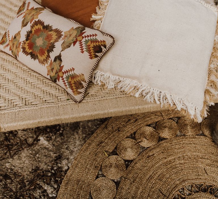 Boho style pillows on outdoor bed