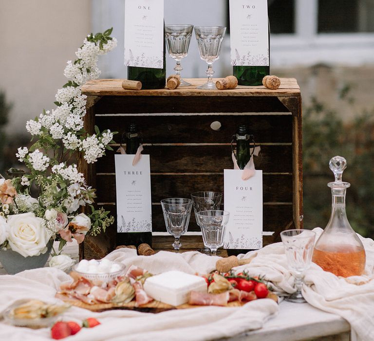 Wine bottle seating plan inspiration for a French outdoor wedding