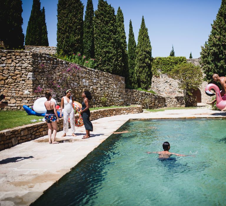 The couple had a pool party at the chateau the next day