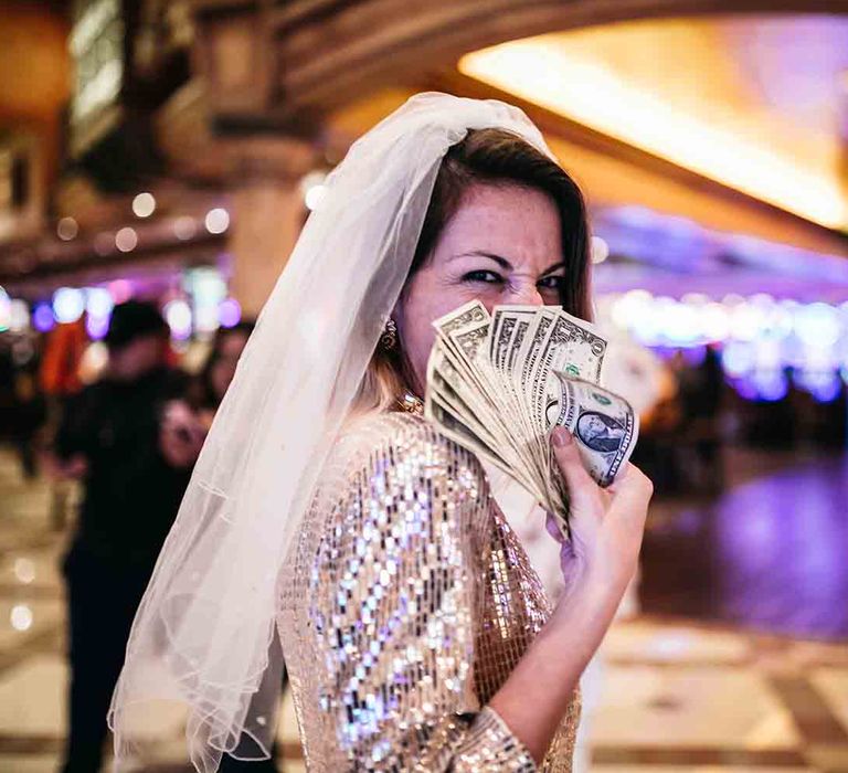 Bride at casino after wedding in Las Vegas